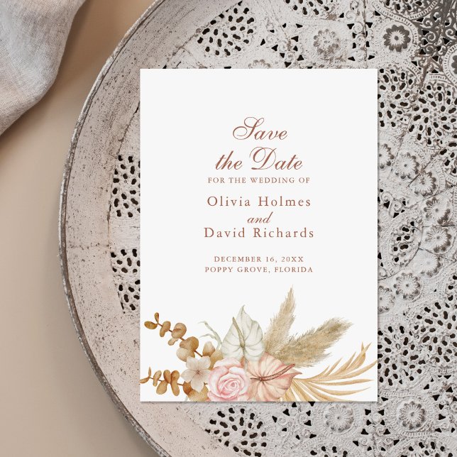 Modern Boho Pampas Grass Save the Date Card (Modern Boho Pampas Grass Save the Date Card on a beautiful neutral boho plate.)