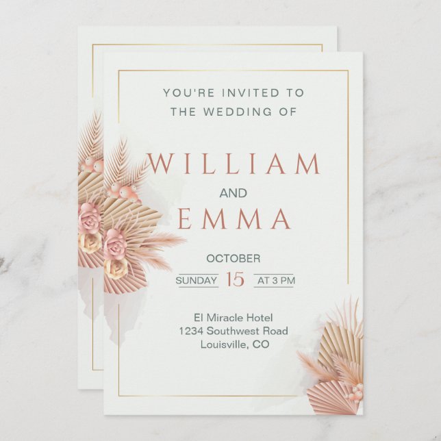 Modern Boho Pampas Grass Wedding Invitation (Front/Back)
