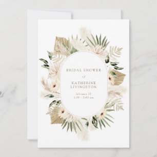 Modern Boho Pampas White & Gold Text Bridal Shower Invitation
