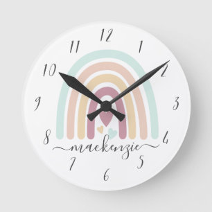 Modern Boho Pastel Rainbow & Hearts Round Clock
