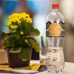 Modern Boho Pattern Burnt Orange Wedding Water Bottle Label