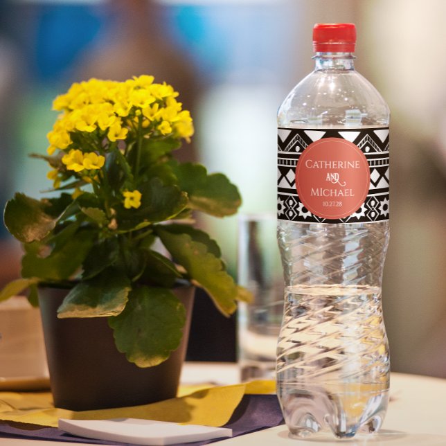 Modern Boho Pattern Coral Wedding Water Bottle Label (Creator Uploaded)