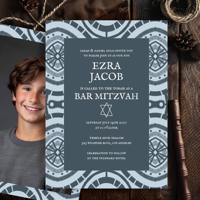 Modern Boho Pattern Custom Photo Bat Bar Mitzvah  Invitation (Modern Boho Pattern Custom Photo B'nai Bat Bar Mitzvah Invitation
)