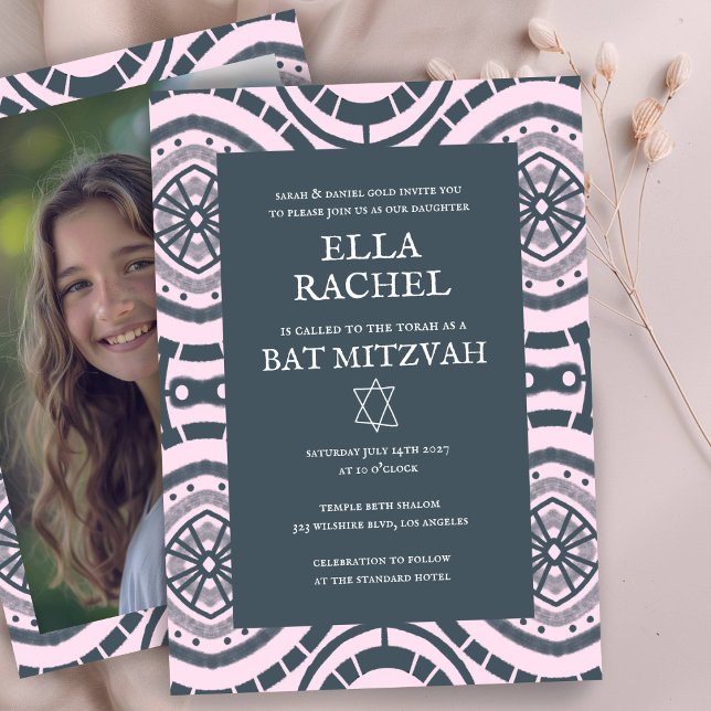 Modern Boho Pattern Custom Photo Bat Bar Mitzvah  Invitation (Modern Boho Pattern Custom Photo Bat Bar Mitzvah Invitation
Pink)