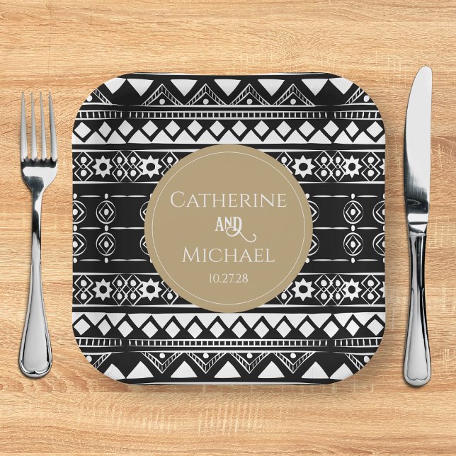 Modern Boho Pattern Gold Wedding Paper Plate (Creator Uploaded)
