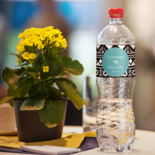 Modern Boho Pattern Green Wedding Water Bottle Label