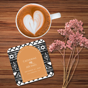 Modern Boho Pattern Wedding Arch Burnt Orange Square Paper Coaster