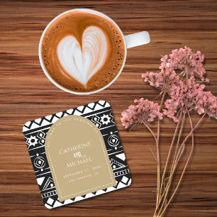 Modern Boho Pattern Wedding Arch Gold Square Paper Coaster
