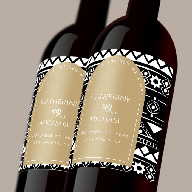 Modern Boho Pattern Wedding Arch Gold Wine Label (Creator Uploaded)