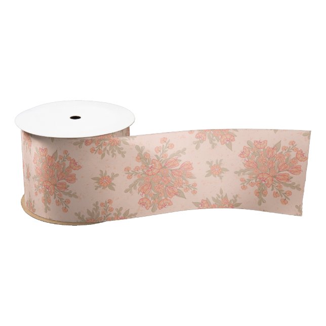 Modern Boho Peach Orange Flowers Floral Pattern Satin Ribbon (Spool)