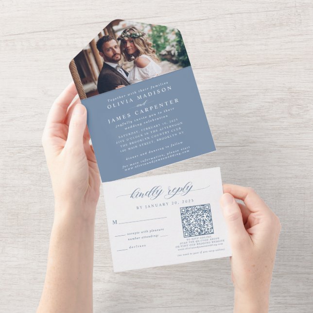 Modern Boho Photo RSVP QR Code Dusty Blue Wedding All In One Invitation (Tearaway)