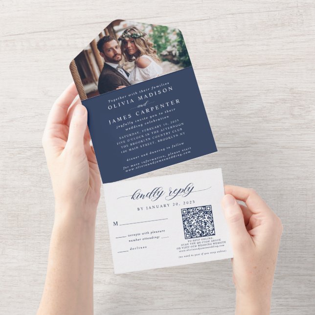 Modern Boho Photo RSVP QR Code Navy Blue Wedding All In One Invitation (Tearaway)
