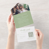 Modern Boho Photo RSVP QR Code Sage Green Wedding