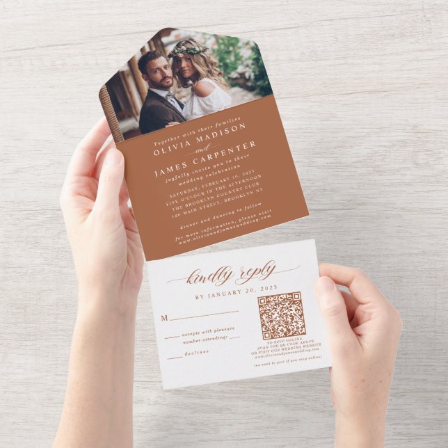 Modern Boho Photo RSVP QR Code Terracotta Wedding All In One Invitation (Tearaway)