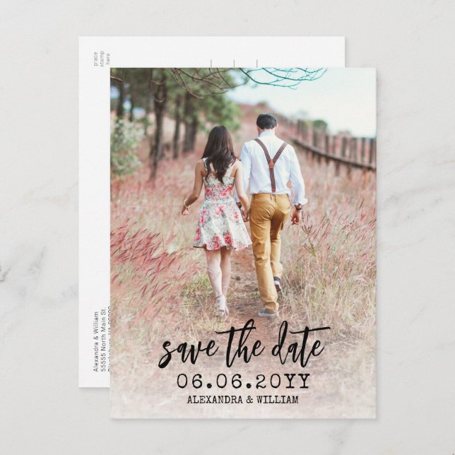 Modern Boho Photo Script Save The Date Postcard (Front/Back)