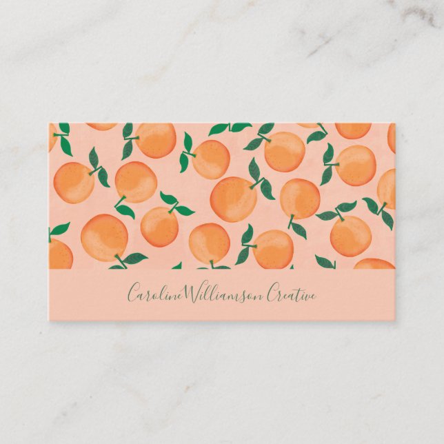 Modern Boho Pink Citrus Oranges Fruit Script Business Card (Front)