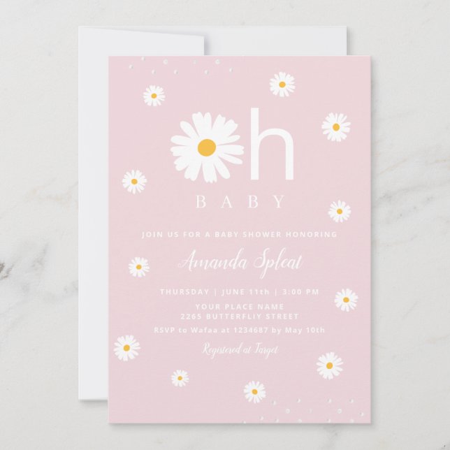 Modern Boho Pink Daisy Floral Baby Girl Shower Inv Invitation (Front)