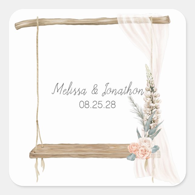Modern Boho Pink Elegant Floral Wedding Square Sticker (Front)