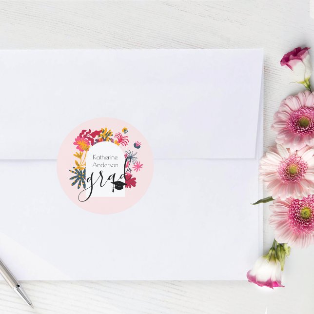 Modern Boho Pink Floral Arch Graduate Invite Classic Round Sticker (Creator Uploaded)