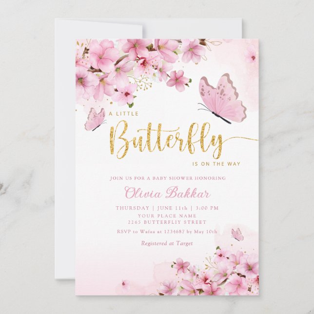 Modern Boho Pink Floral Butterfly Girl Baby Shower Invitation (Front)