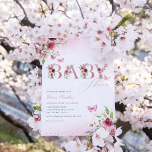 Modern Boho Pink Floral Butterfly Girl Baby Shower Invitation