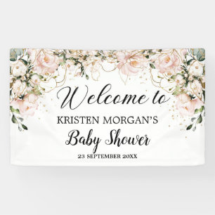 Modern Boho pink floral gold leaves baby shower Banner