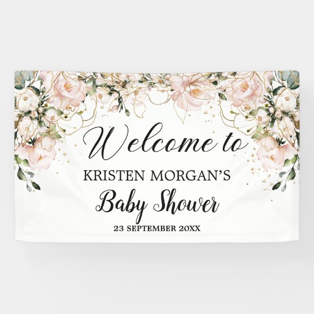 Modern Boho pink floral gold leaves baby shower Banner (Horizontal)