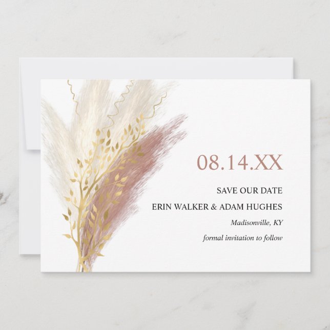 Modern Boho Pink Gold Pampas Grass  Save The Date (Front)
