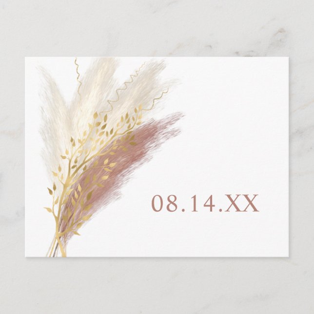 Modern Boho Pink Gold Pampas Grass Save the Date Announcement Postcard (Front)