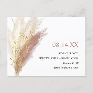 Modern Boho Pink Gold Pampas Grass  Save The Date Announcement Postcard