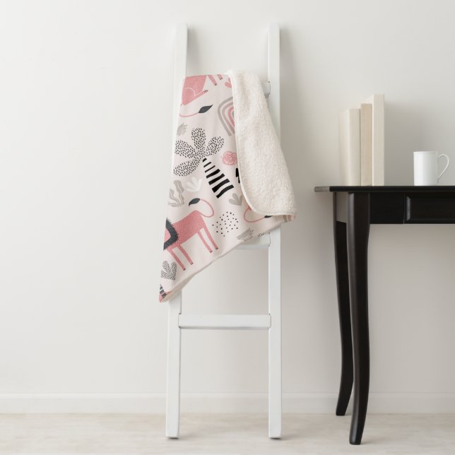 Modern Boho Pink Lions Rainbows Sherpa Blanket (In Situ)
