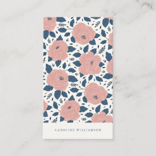 Modern Boho Pink Navy Blue Botanical Flowers Business Card