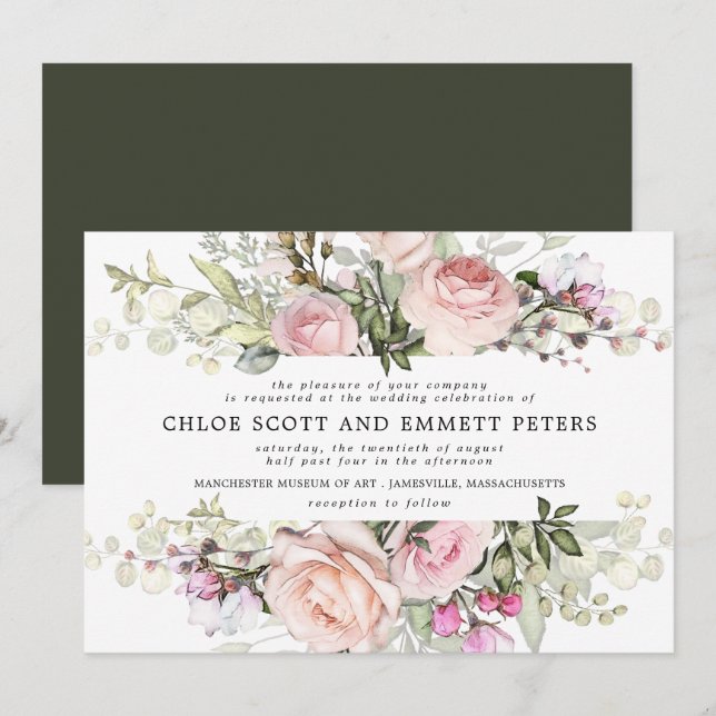 Modern Boho Pink Rose Floral Wedding Invitation (Front/Back)