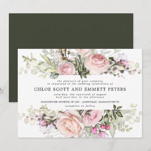 Modern Boho Pink Rose Floral Wedding Invitation