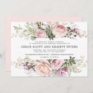Modern Boho Pink Rose Floral Wedding Invitation