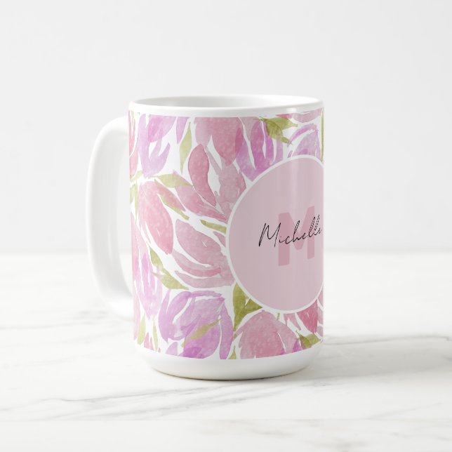 Modern Boho Pink Watercolor Flowers Monogram Coffee Mug (Front Left)