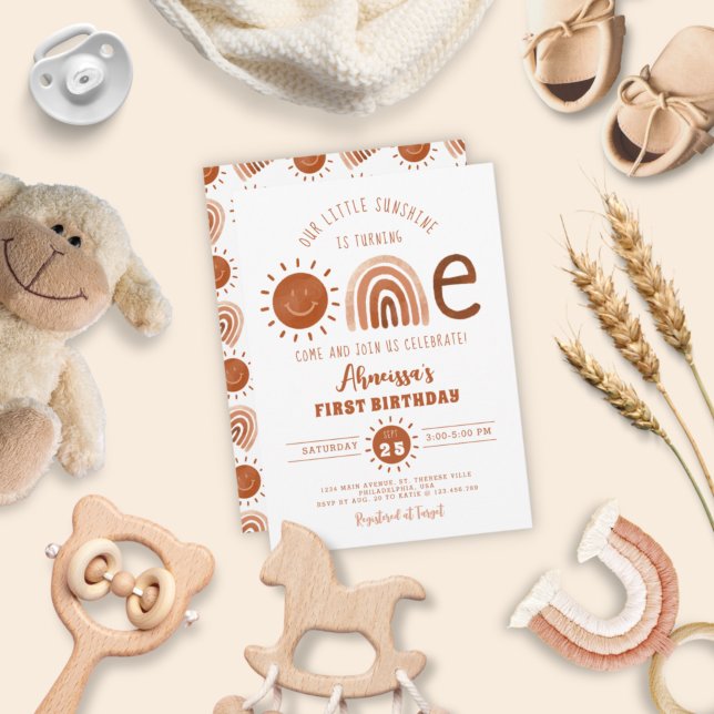 Modern Boho Rainbow Little Sunshine First Birthday Invitation (Creator Uploaded)