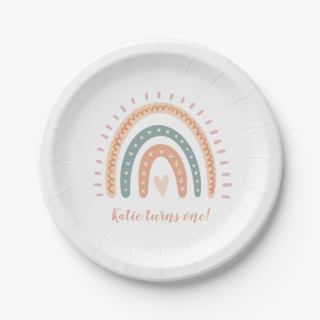 Modern Boho Rainbow Pastel First Birthday Paper Plate (Front)
