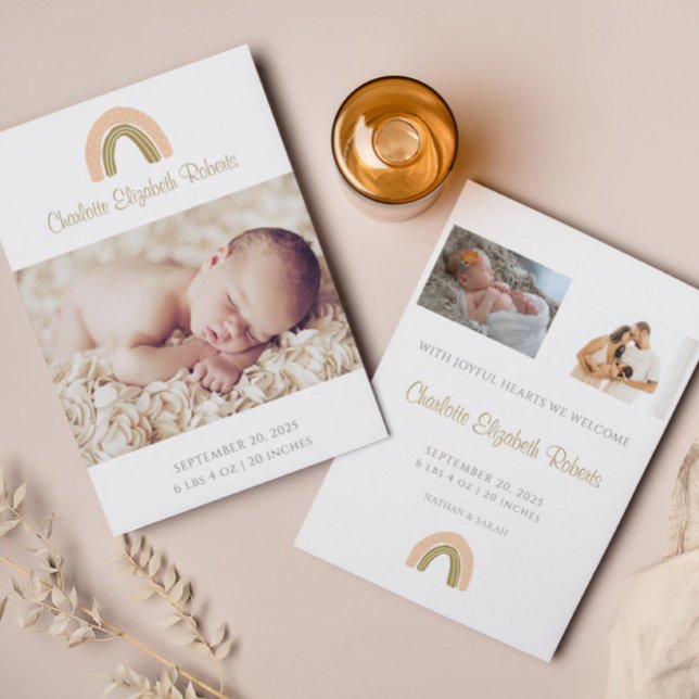 Modern Boho Rainbow Photo Birth Announcement Card (Creator Uploaded)