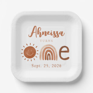 Modern Boho Rainbow Sunshine First Birthday Paper Plate