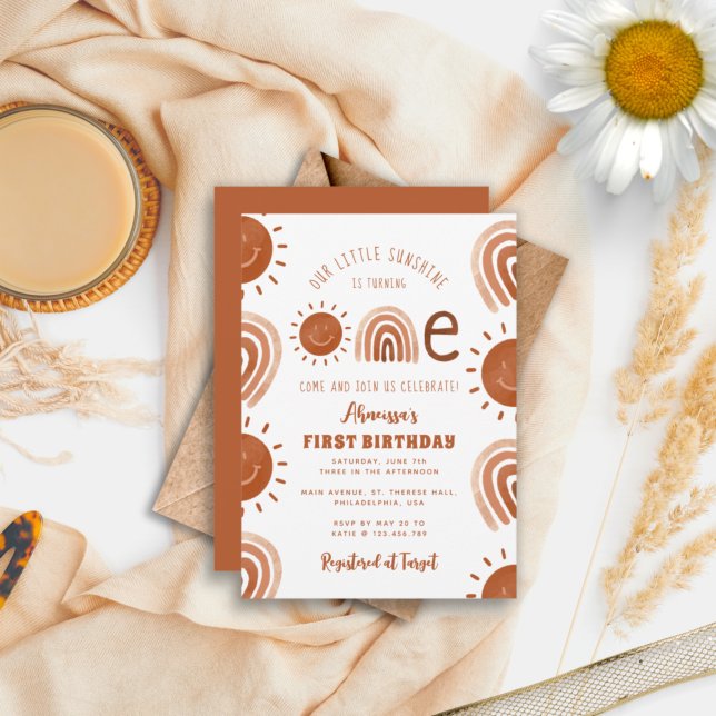 Modern Boho Rainbow Sunshine One First Birthday Invitation (Creator Uploaded)