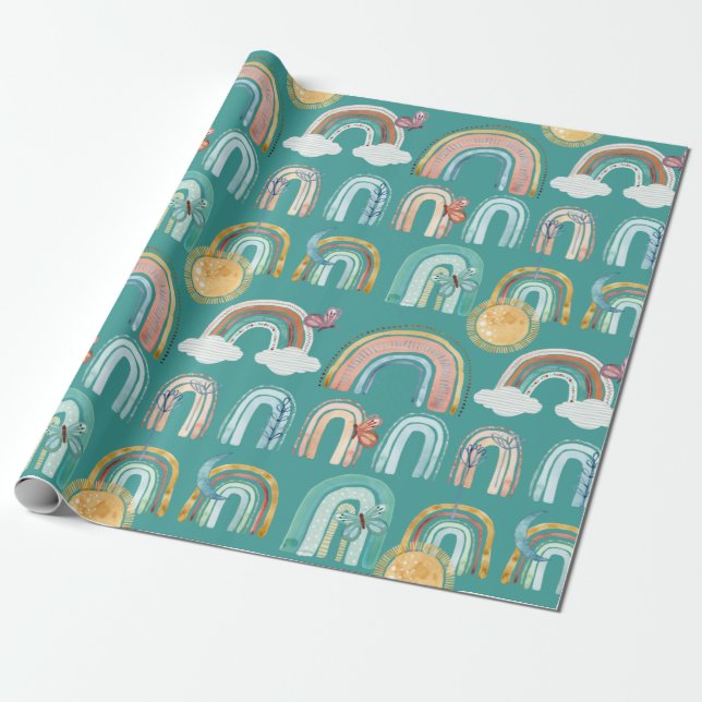 Modern Boho Rainbow Teal Terracotta Mustard Pink Wrapping Paper (Unrolled)