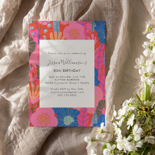 Modern Boho Red Floral 80th Birthday Party Invitation