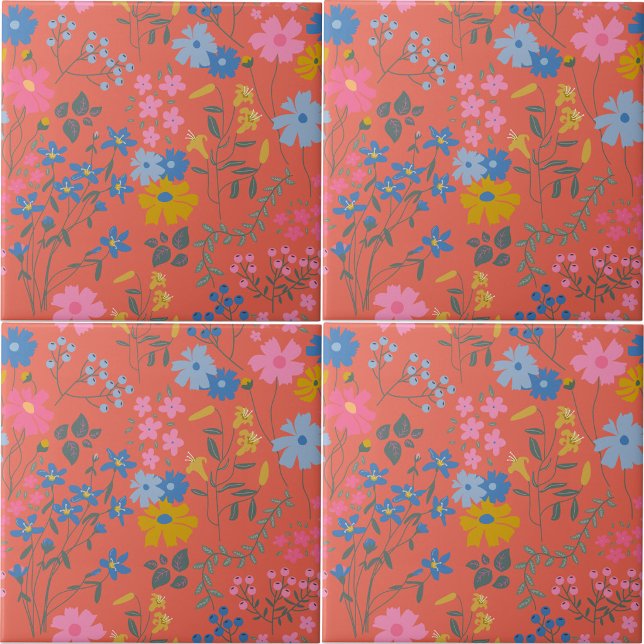 Modern Boho Red Floral Pattern Tile (Modern Boho Red Floral Pattern Ceramic Tile)