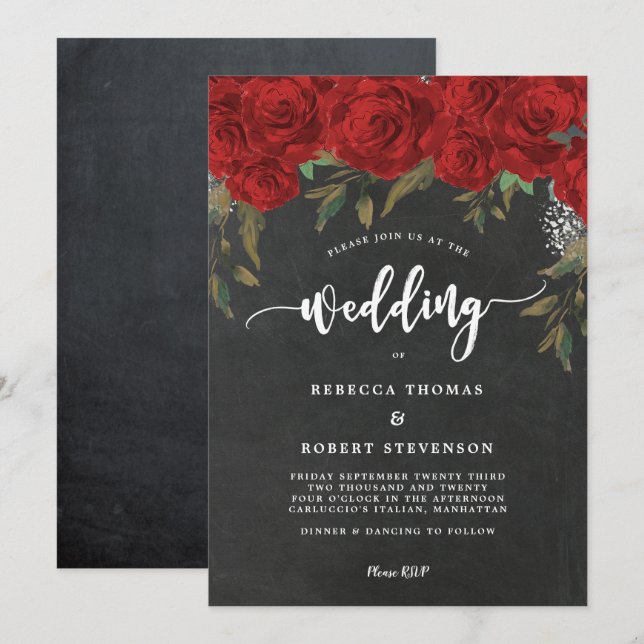 modern boho red floral wedding invitation (Front/Back)
