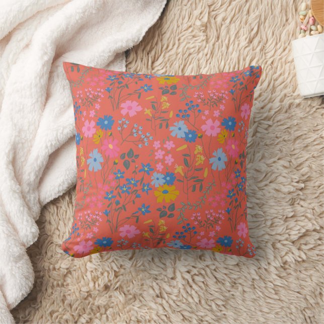 Modern Boho Red Floral Wildflowers Cushion (Blanket)