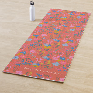 Modern Boho Red Floral Wildflowers Custom Name Yoga Mat