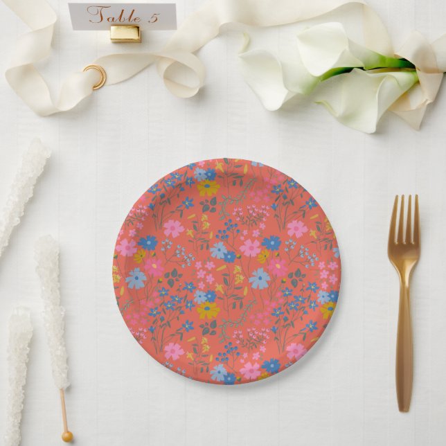 Modern Boho Red Floral Wildflowers Paper Plate (Wedding)