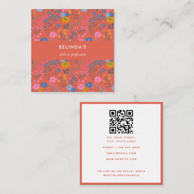 Modern Boho Red Floral Wildflowers QR Code Square Business Card (Front/Back)