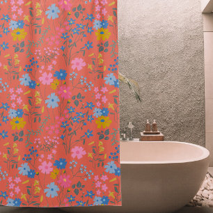 Modern Boho Red Floral Wildflowers Shower Curtain